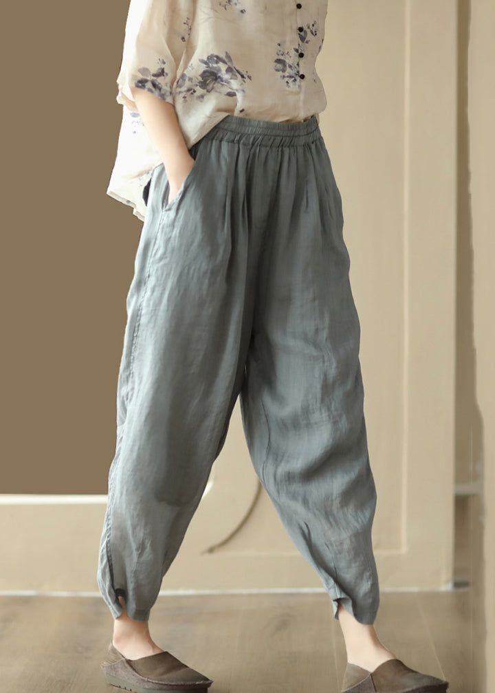Grey Cozy Pockets High Waist Linen Harem Pants
