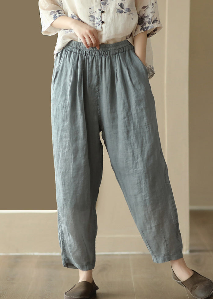 Grey Cozy Pockets High Waist Linen Harem Pants