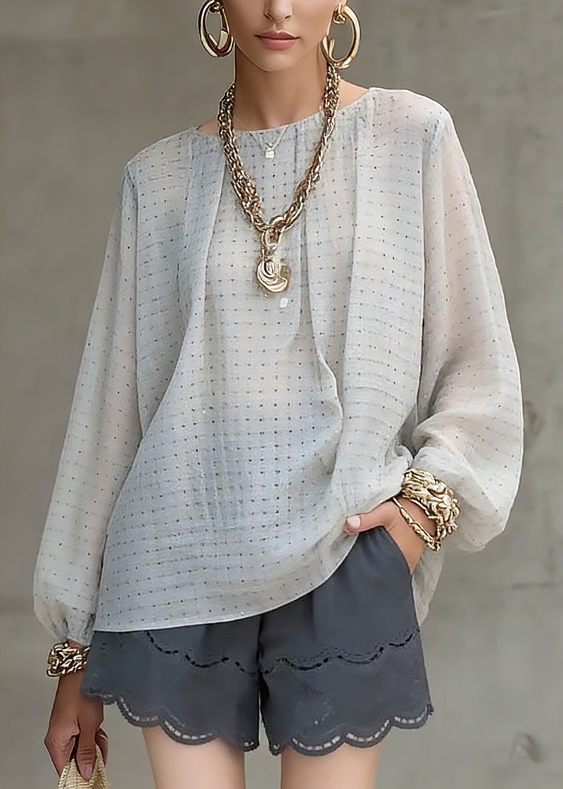 Grey Dot Print Top Lantern Sleeve