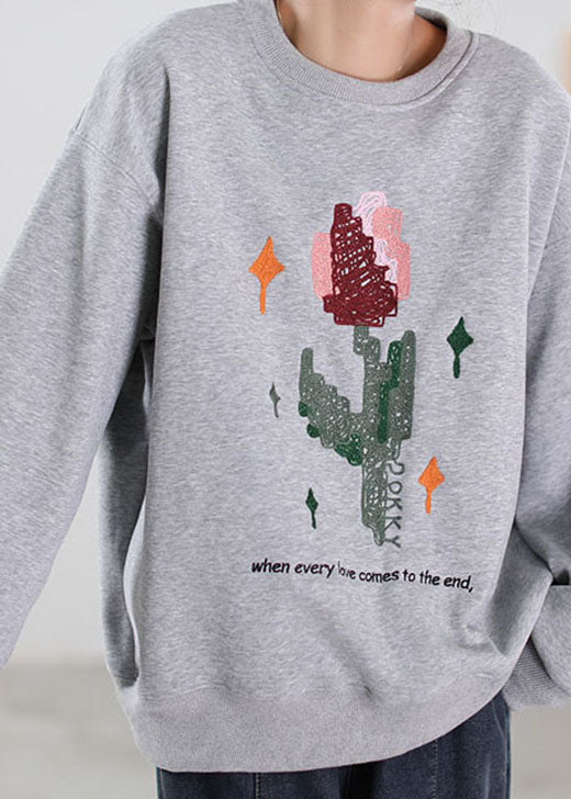 Grey Embroideried Graphic Warm Fleece Sweatshirt Winter