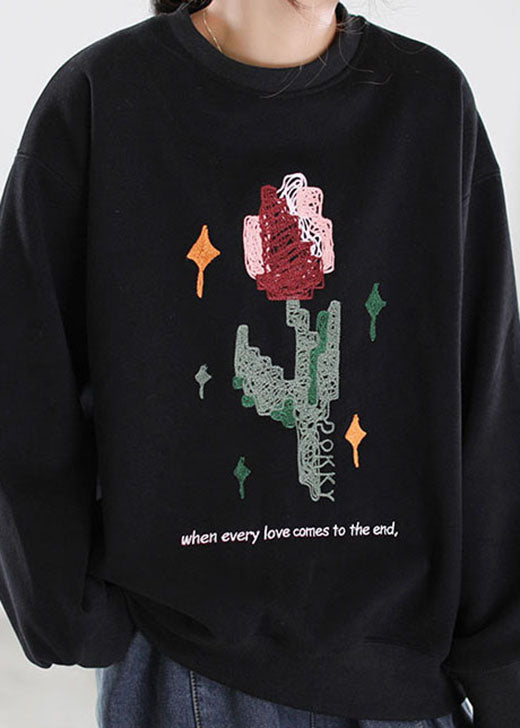 Grey Embroideried Graphic Warm Fleece Sweatshirt Winter