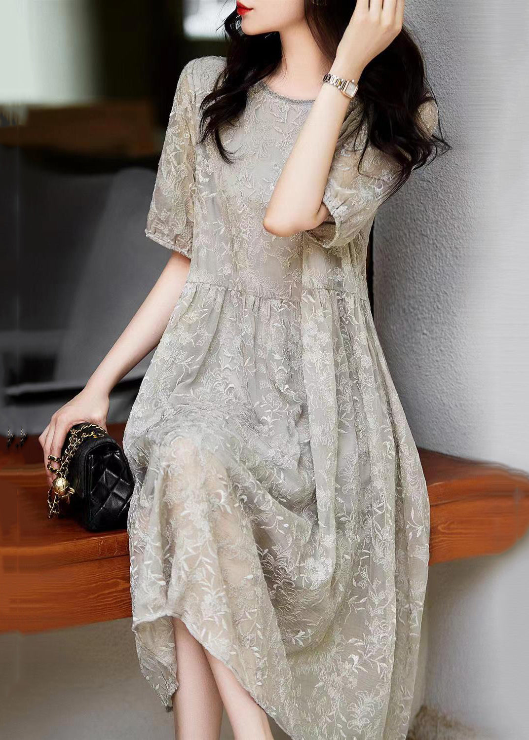 Grey Embroideried Wrinkled Patchwork Lace Dresses Summer