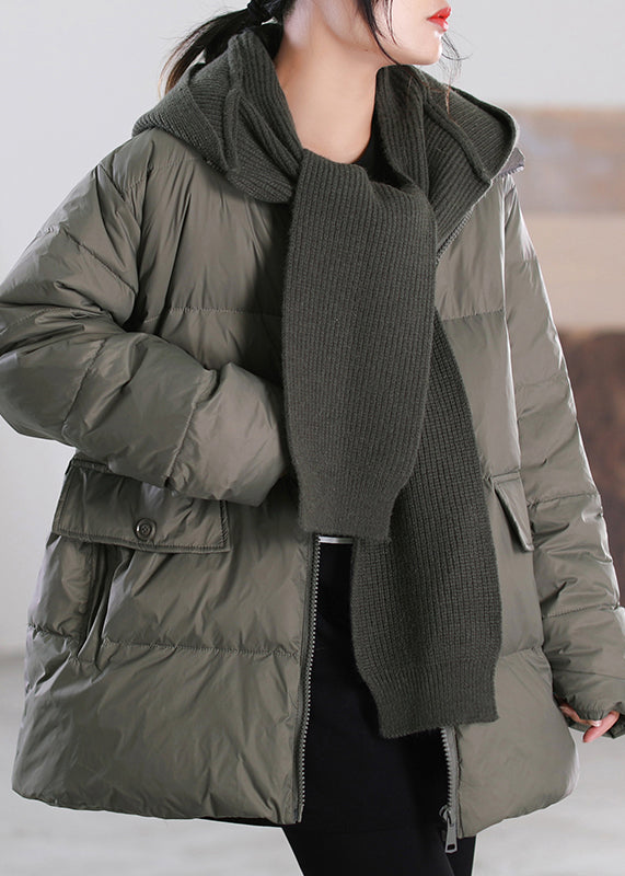 Grey Green Zippered Patchwork Removable Hooded Duck Down Down Coats Winter
