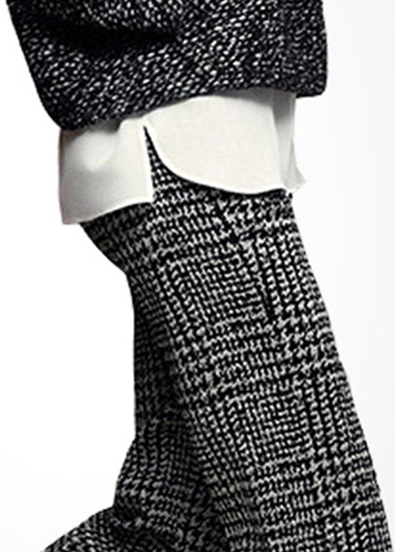 Grey High Waist Plaid Thick Woolen Straight Pants Winter