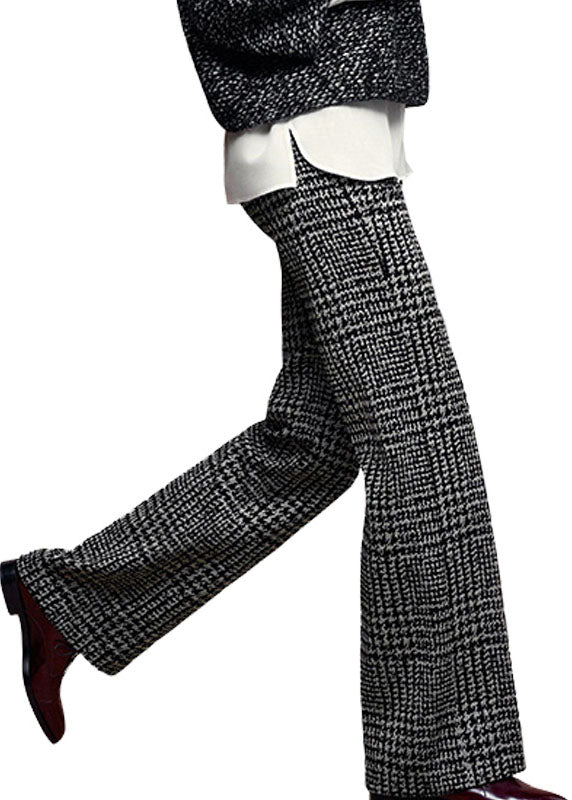 Grey High Waist Plaid Thick Woolen Straight Pants Winter