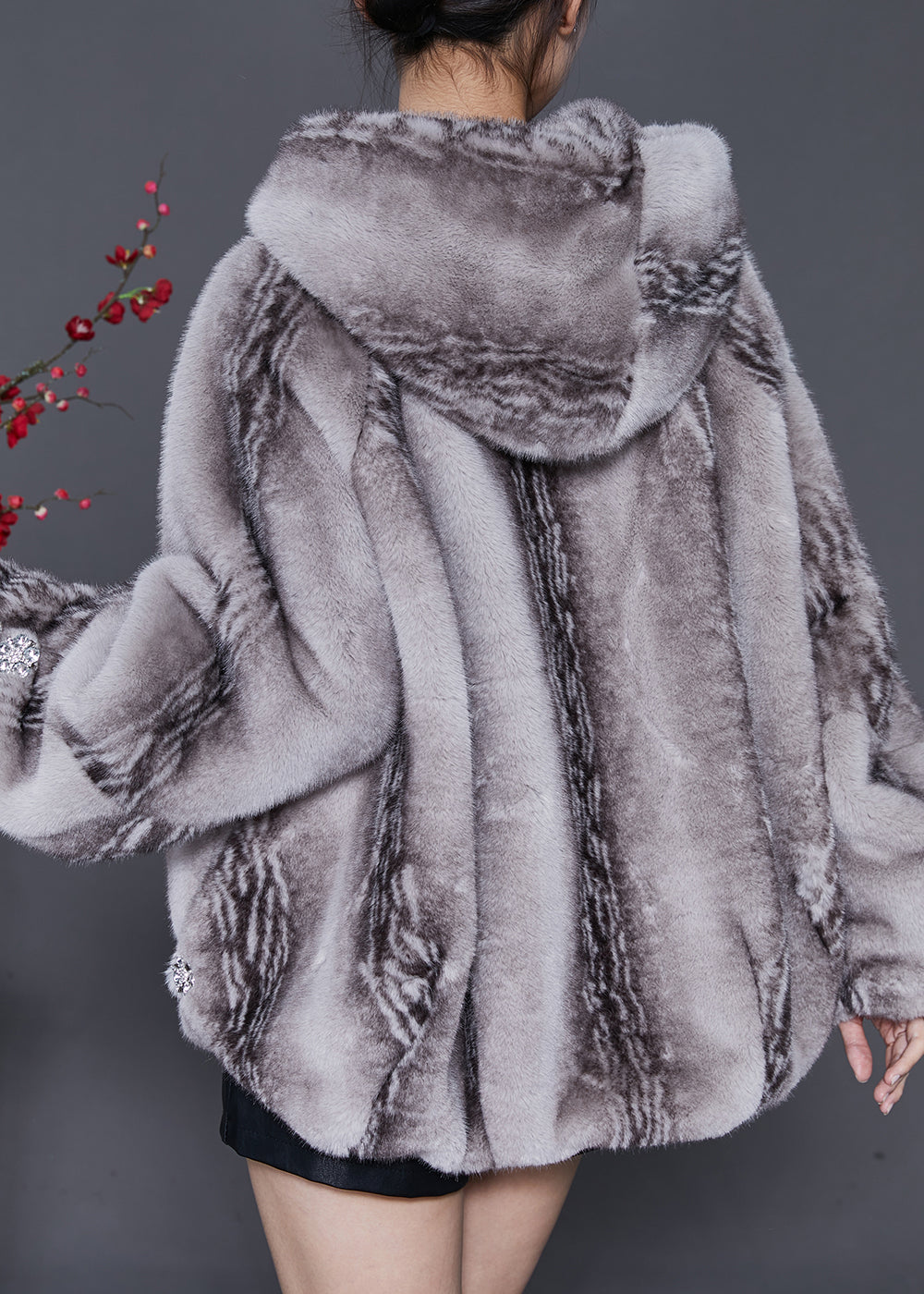 Grey Hooded Pockets Mink Velvet Coats Winter