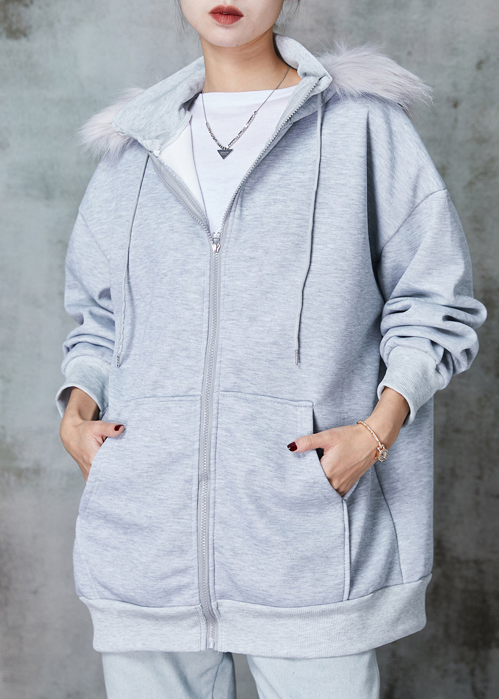 Grey Hooded Pockets Warm Fleece Sweatshirt Coats Spring