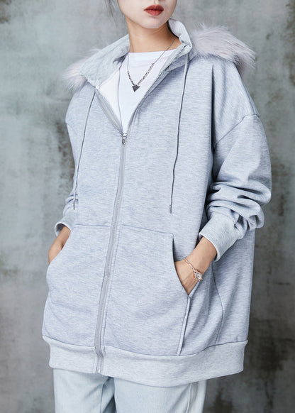 Grey Hooded Pockets Warm Fleece Sweatshirt Coats Spring