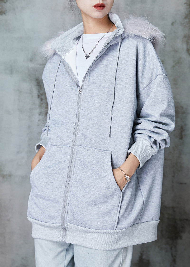 Grey Hooded Pockets Warm Fleece Sweatshirt Coats Spring