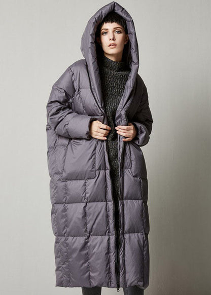 Grey Loose Hooded Long Winter Duck Down Coat