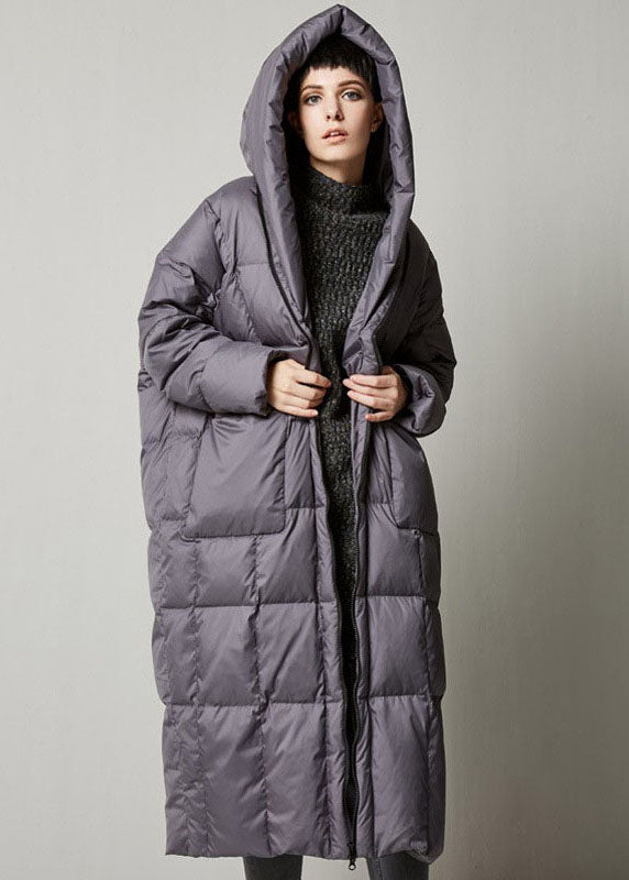 Grey Loose Hooded Long Winter Duck Down Coat