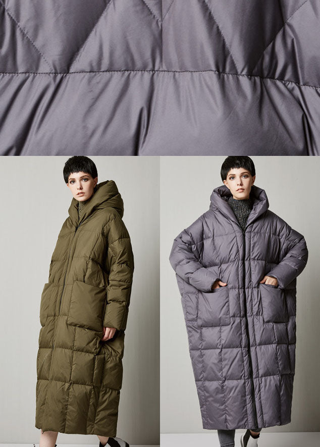 Grey Loose Hooded Long Winter Duck Down Coat