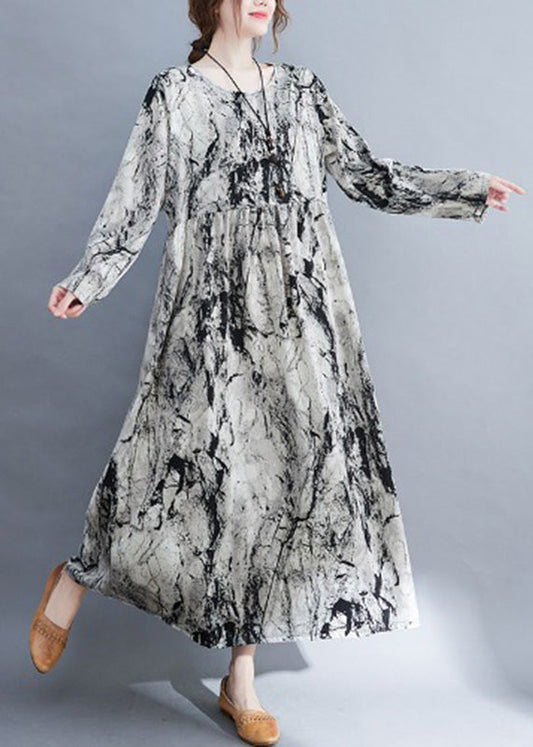 Grey O-neck Patchwork Print Cozy Long Dress Fall