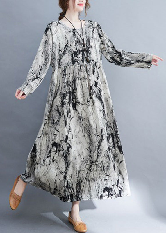 Grey O-neck Patchwork Print Cozy Long Dress Fall
