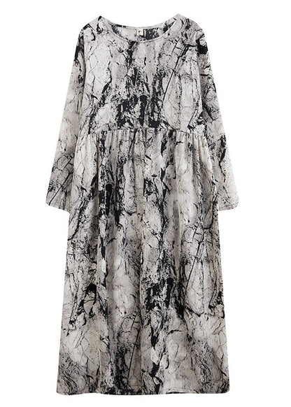 Grey O-neck Patchwork Print Cozy Long Dress Fall