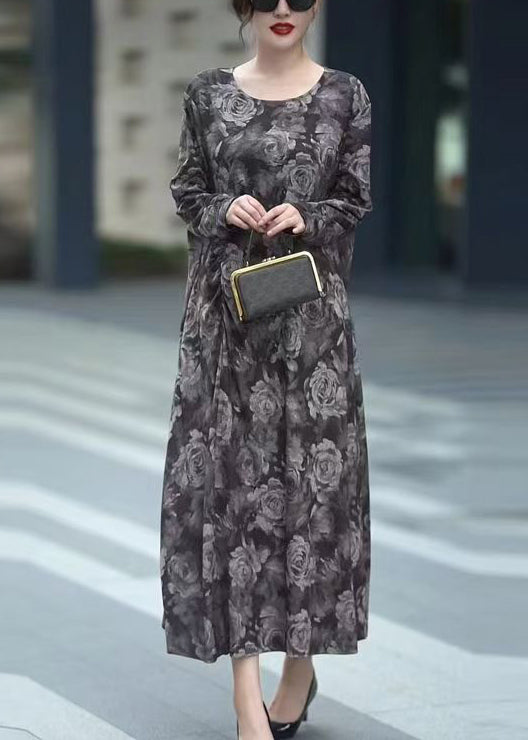 Grey O Neck Print Cotton Long Dress Spring