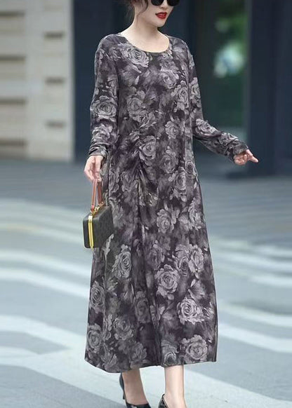 Grey O Neck Print Cotton Long Dress Spring