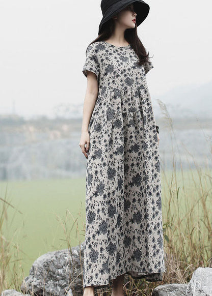 Grey O-neck Print Long Dress Short Sleeve