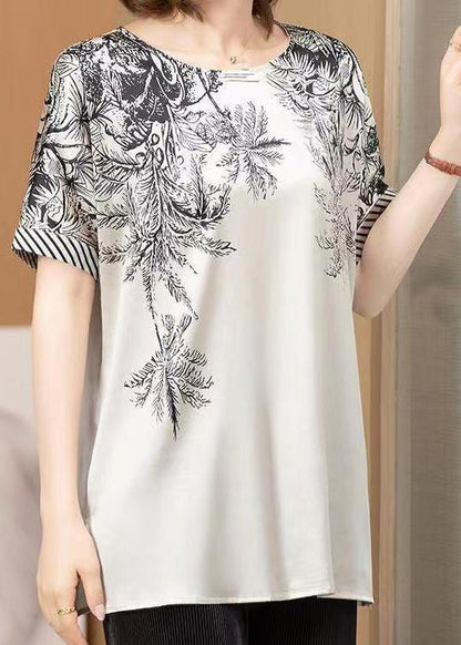Grey O Neck Print Patchwork Silk T Shirt Short Sleeve