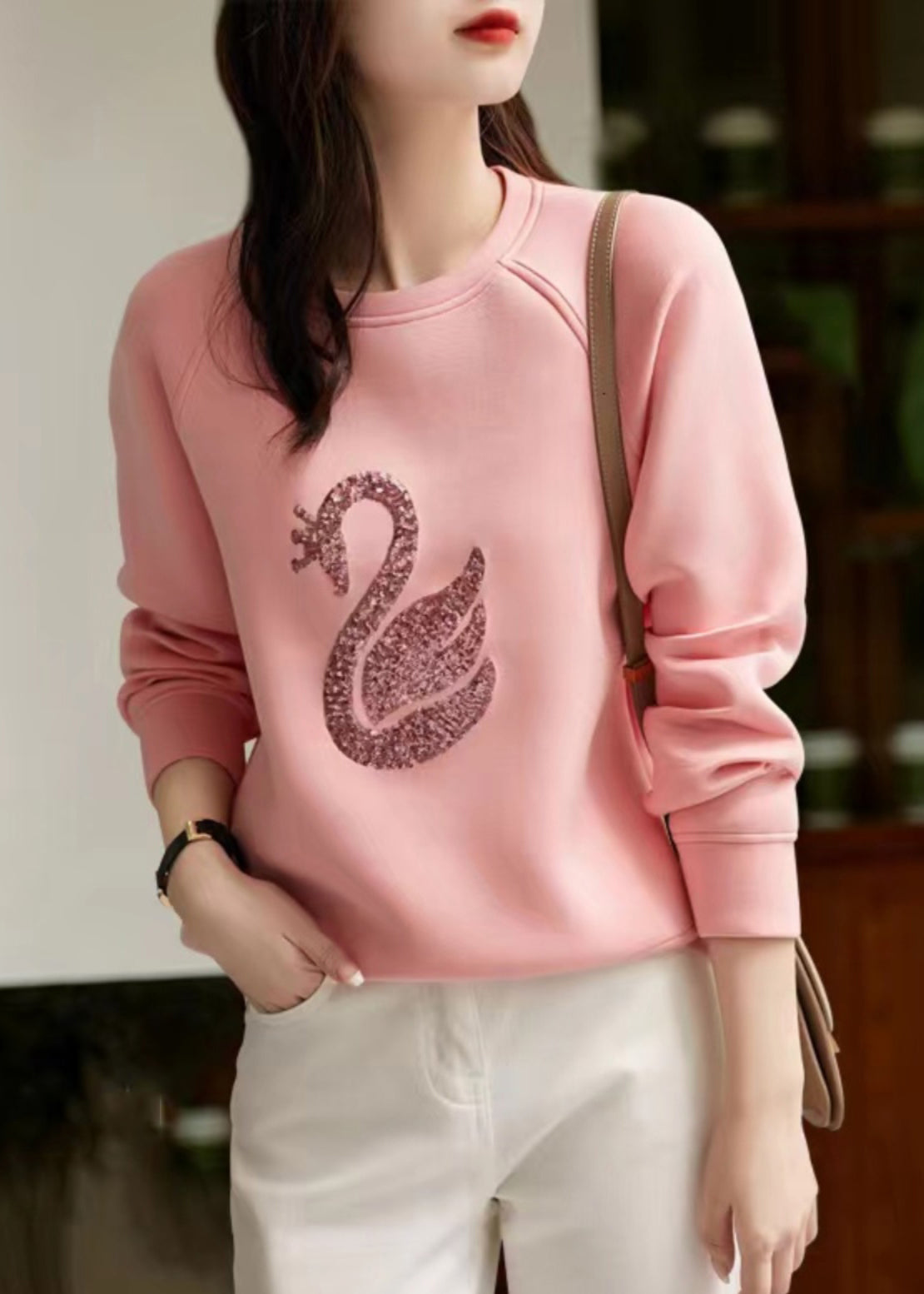 Women Grey O Neck Sequins Cotton Sweatshirt Spring