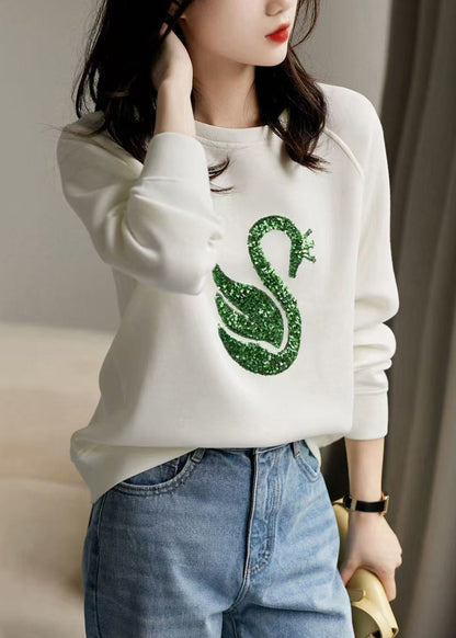Women Grey O Neck Sequins Cotton Sweatshirt Spring