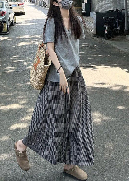 Grey O Neck T Shirt and Plaid Crop Pants Cotton Two Pieces Set Summer