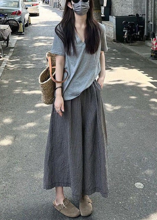 Grey O Neck T Shirt and Plaid Crop Pants Cotton Two Pieces Set Summer