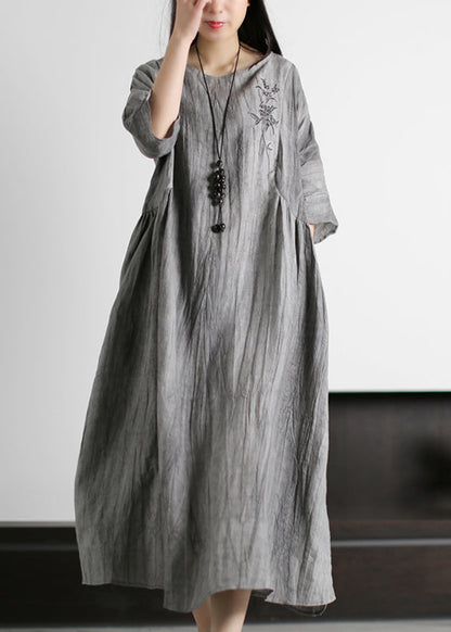 Grey O-neck Wrinkled Embroideried Linen Dress Half Sleeve