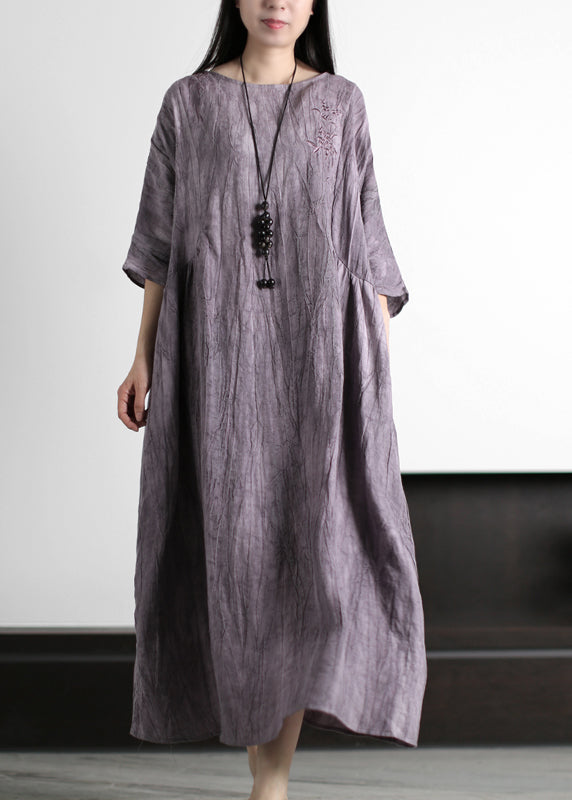 Grey O-neck Wrinkled Embroideried Linen Dress Half Sleeve