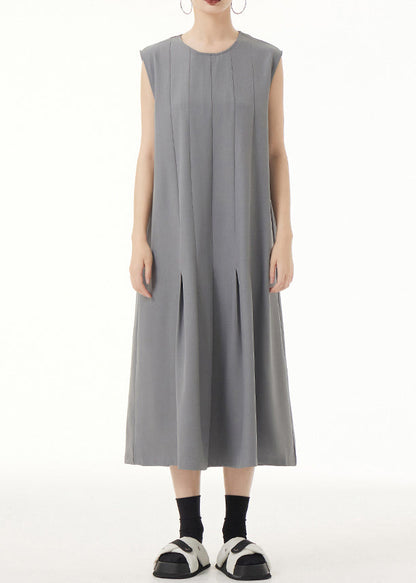 Grey O Neck Wrinkled Patchwork Spandex Long Dress Sleeveless