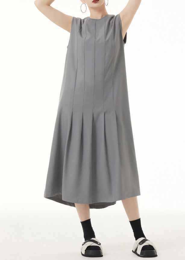 Grey O Neck Wrinkled Patchwork Spandex Long Dress Sleeveless
