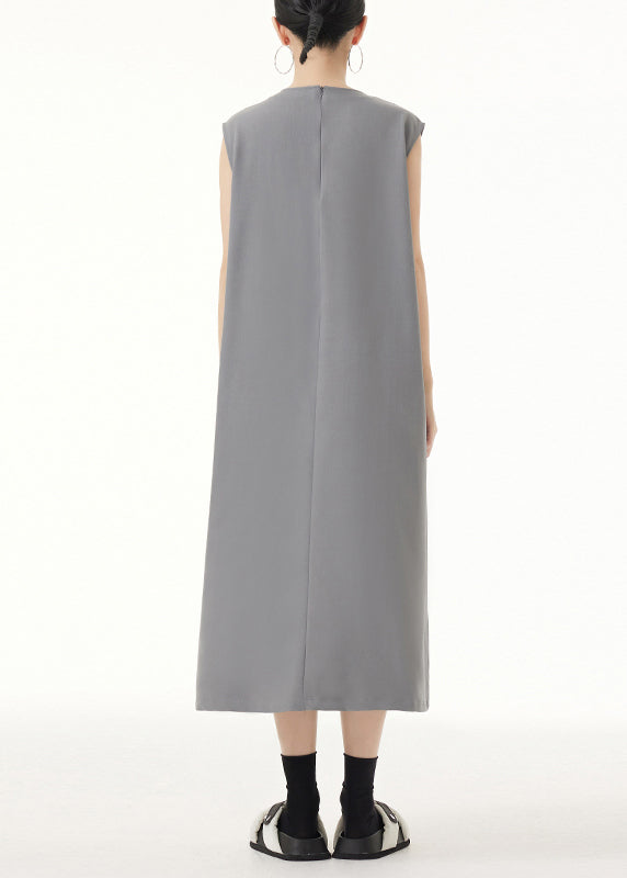 Grey O Neck Wrinkled Patchwork Spandex Long Dress Sleeveless