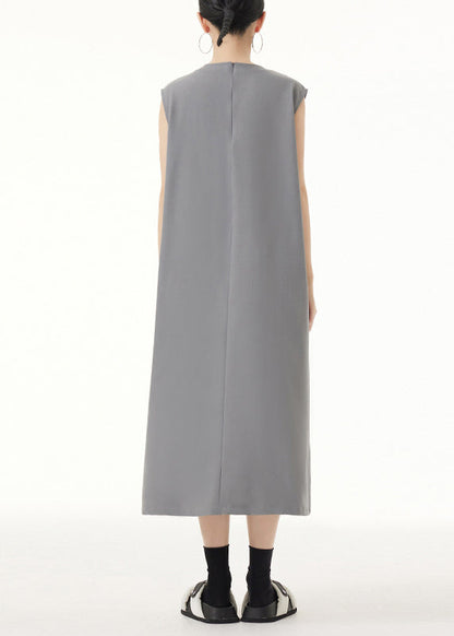 Grey O Neck Wrinkled Patchwork Spandex Long Dress Sleeveless