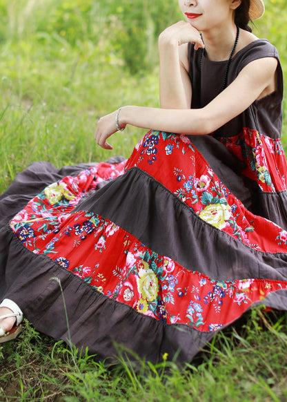 Grey O-neck Print Patchwork Vacation Dress Sleeveless