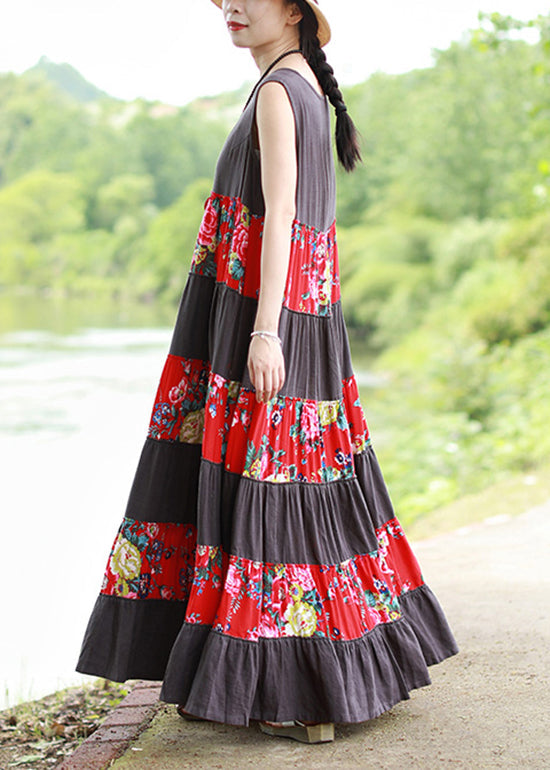 Grey O-neck Print Patchwork Vacation Dress Sleeveless