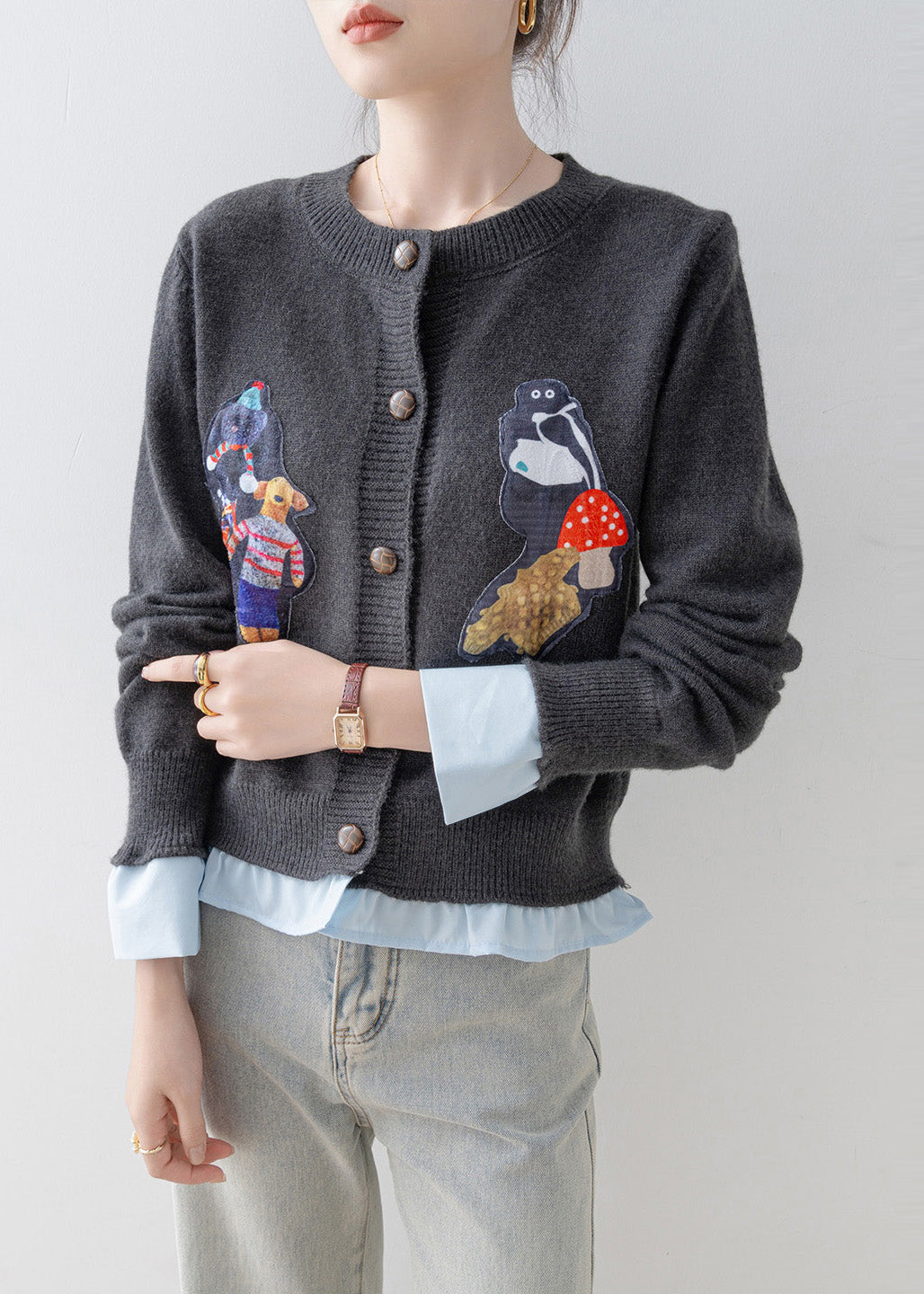 Grey Oversized Patchwork Knit Fake Two Piece Cardigan Winter