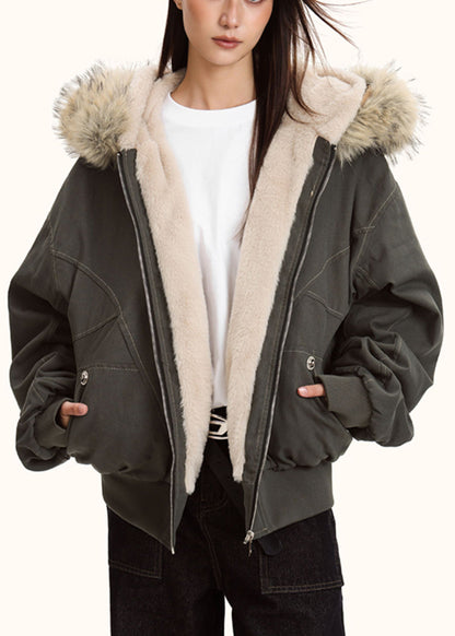 Grey Oversized Patchwork Warm Fleece Hoodies Outwear Winter
