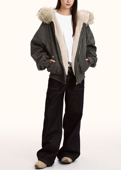 Grey Oversized Patchwork Warm Fleece Hoodies Outwear Winter