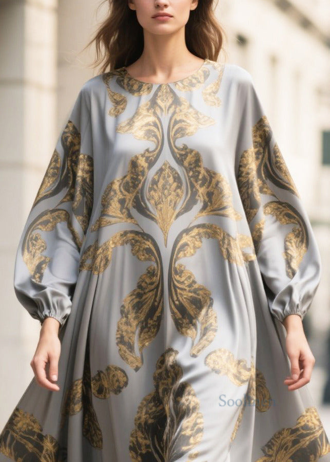 Grey Oversized Print Chiffon Maxi Dresses Fall