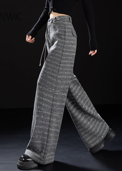 Grey Oversized Striped Woolen Straight Pants Winter