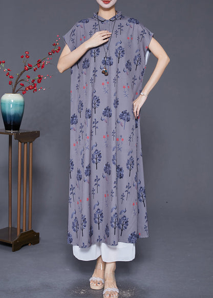 Grey Peter Pan Collar Print Silk Long Dress Summer