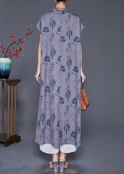 Grey Peter Pan Collar Print Silk Long Dress Summer