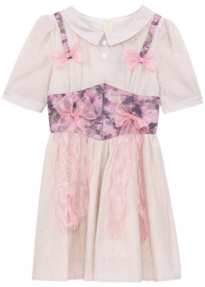 Grey Pink Bow Patchwork Print Silk Day Dress Summer