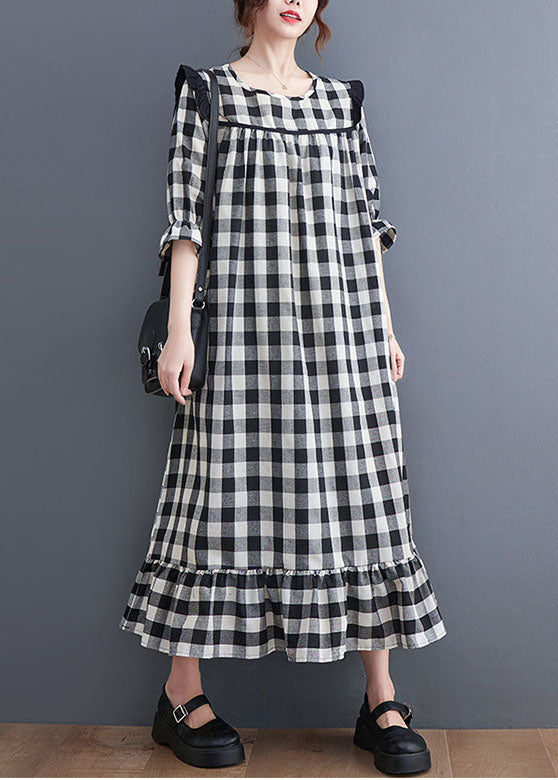 Grey Plaid Ruffled Patchwork Ruffles Cotton Dresses Summer