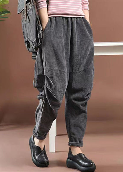 Grey Pockets Elastic Waist Corduroy Crop Pants Spring