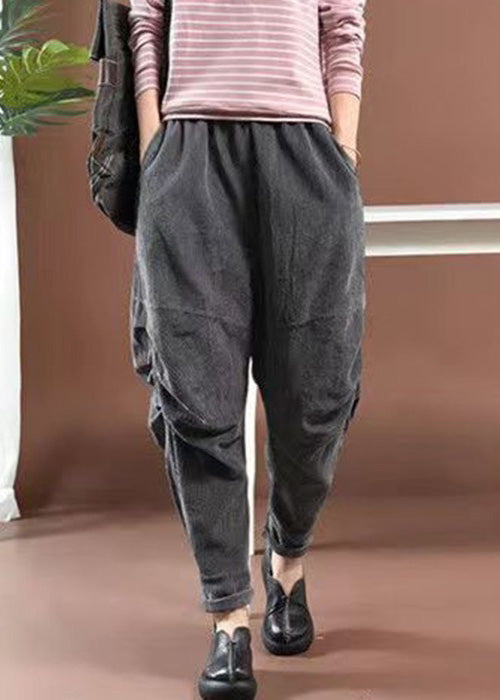 Grey Pockets Elastic Waist Corduroy Crop Pants Spring