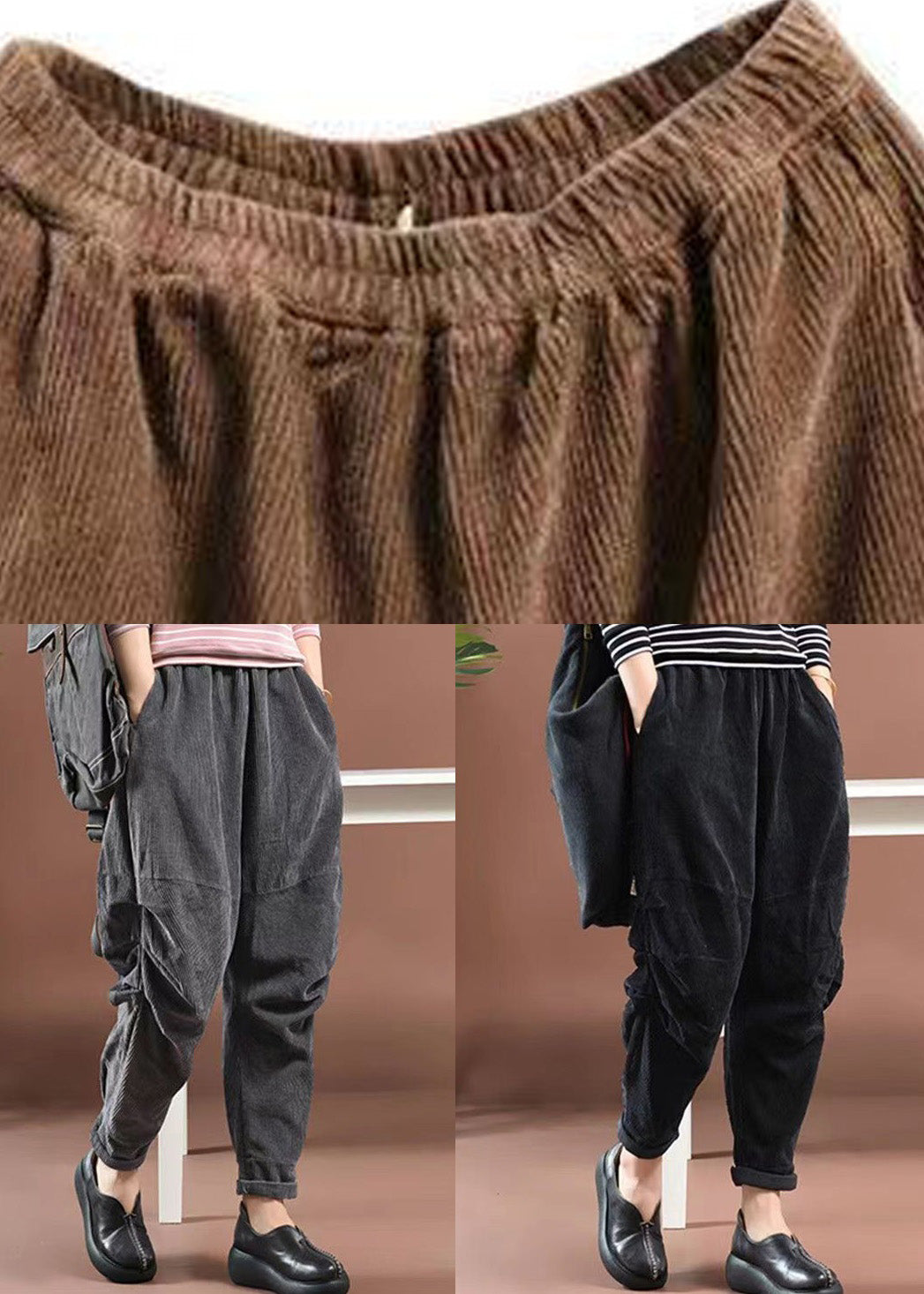 Grey Pockets Elastic Waist Corduroy Crop Pants Spring