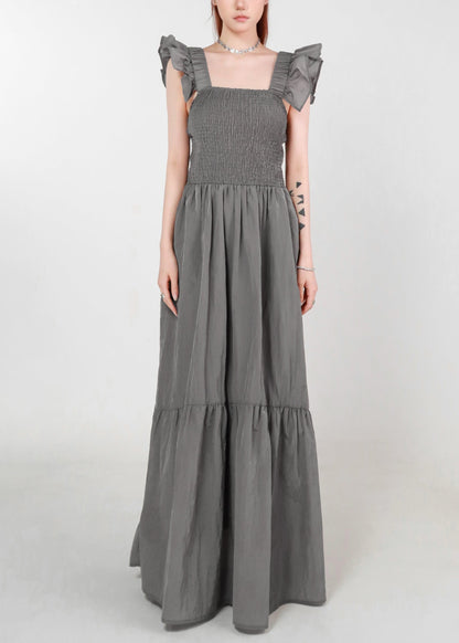 Grey Pockets High Waist Cotton Long Dress Summer