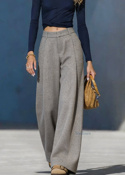 Grey Pockets Woolen Wide Leg Pants Spring