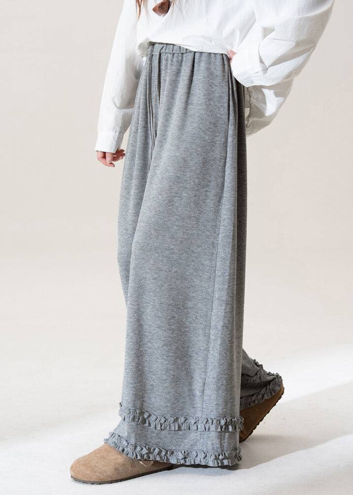 Grey Ruffled Elastic Waist Patchwork Cotton Wide Leg Pants Spring